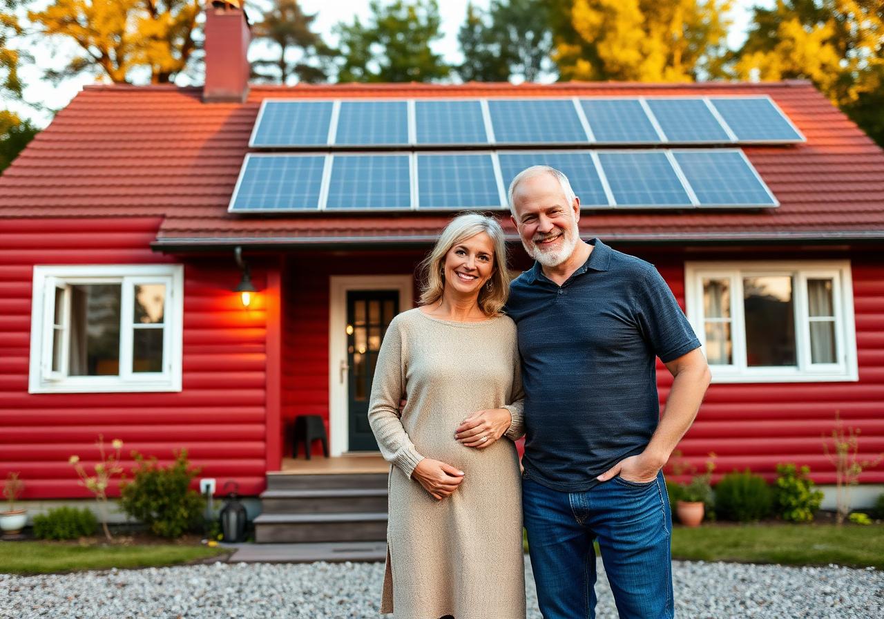 Par framför sin villa med solceller på taket